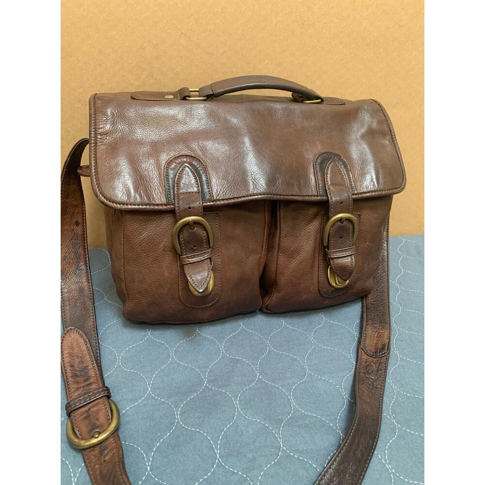 WILSONS LEATHER Large Vintage Unisex Distressed Top Handle DBL Pocket Msgr Bag